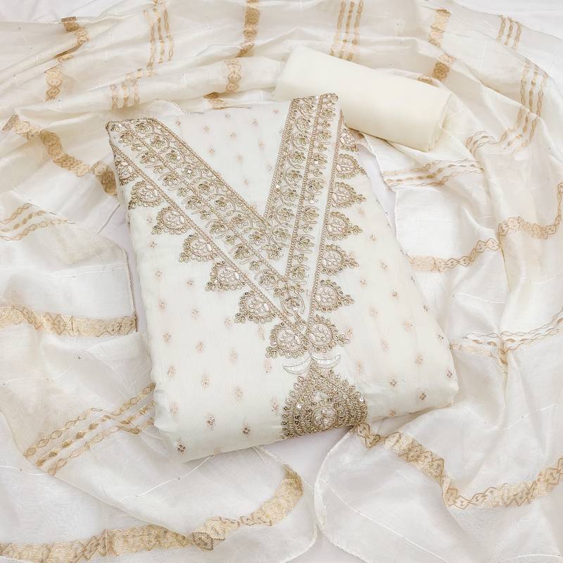  white embroidery chanderi jacquard dress material 