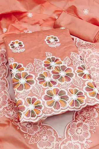  peach embroidery chanderi cotton dress material 