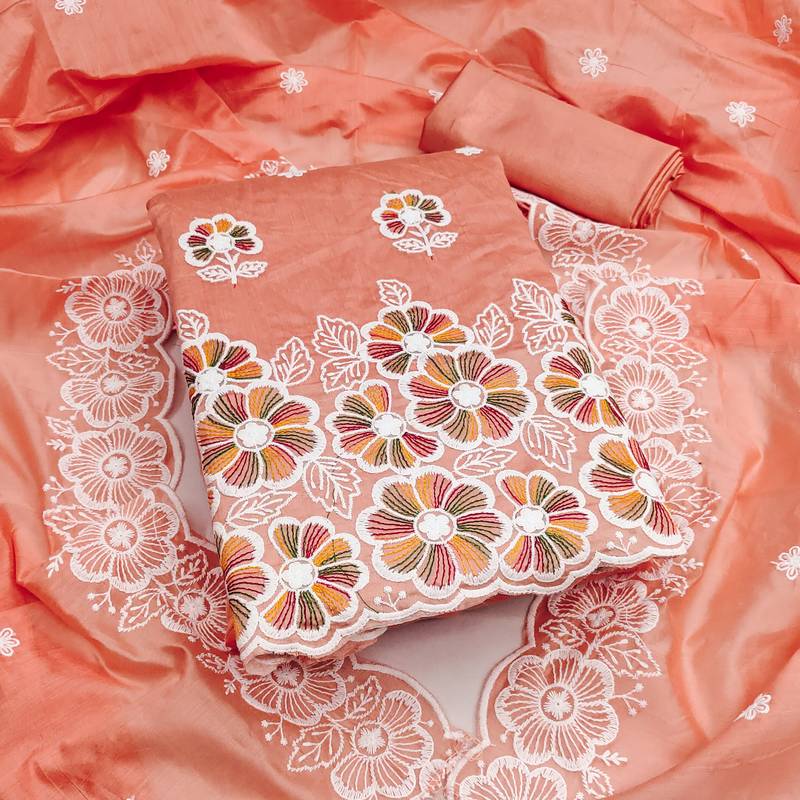  peach embroidery chanderi cotton dress material 