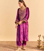 Purple embroidered velvet kurta set