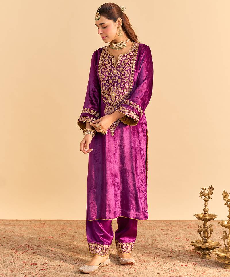 Purple embroidered velvet kurta set