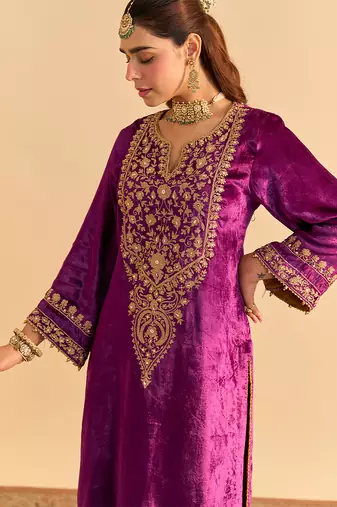 Purple embroidered velvet kurta set