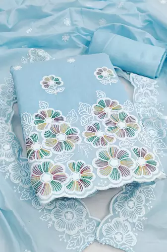  blue embroidery chanderi cotton dress material 