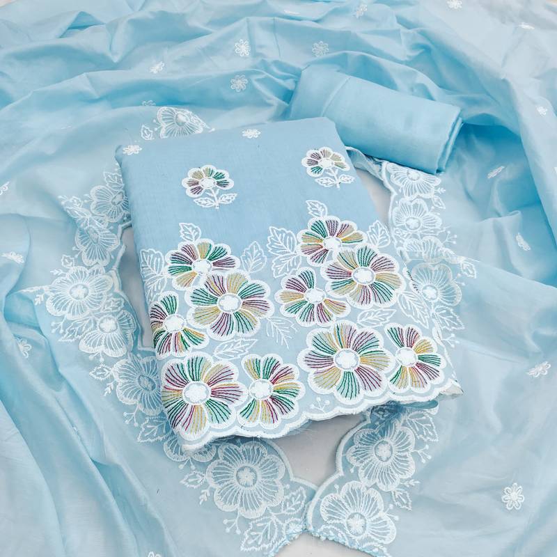  blue embroidery chanderi cotton dress material 