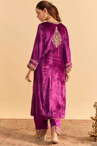 Purple embroidered velvet kurta set