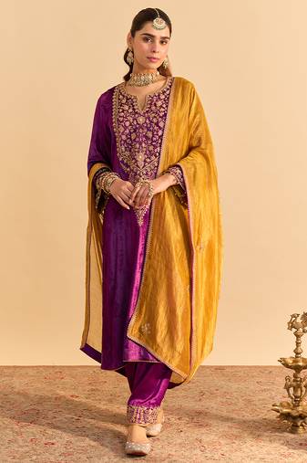 Purple embroidered velvet kurta set with dupatta