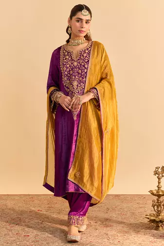 Purple embroidered velvet kurta set with dupatta