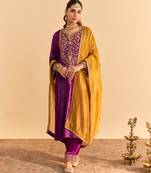 Purple embroidered velvet kurta set with dupatta