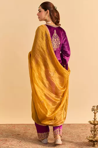 Purple embroidered velvet kurta set with dupatta