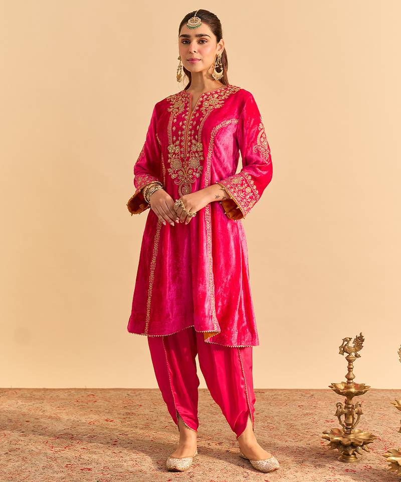 Pink embroidered velvet kurta set