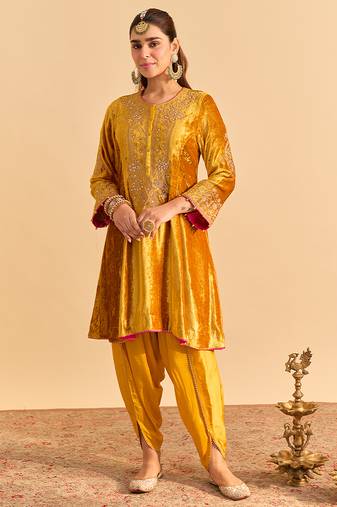 Yellow embroidered velvet kurta set