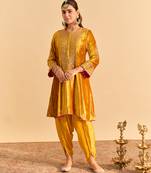 Yellow embroidered velvet kurta set