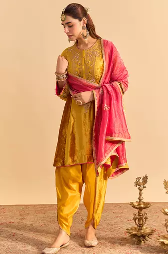 Yellow embroidered velvet kurta set with dupatta