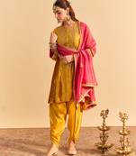 Yellow embroidered velvet kurta set with dupatta