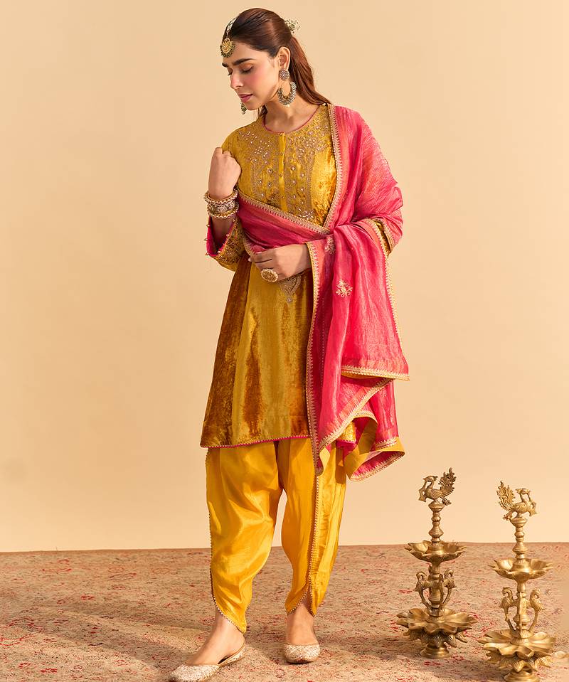 Yellow embroidered velvet kurta set with dupatta