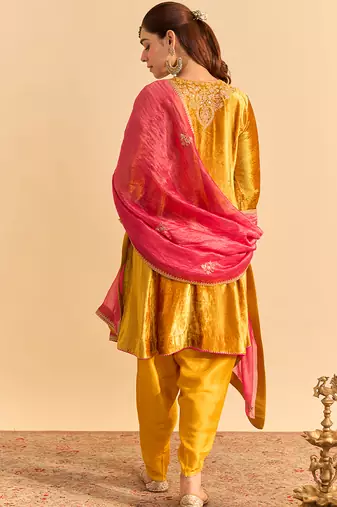 Yellow embroidered velvet kurta set with dupatta