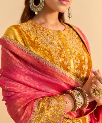 Yellow embroidered velvet kurta set with dupatta 4