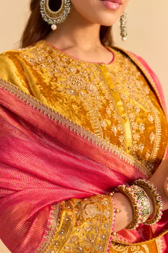 Yellow embroidered velvet kurta set with dupatta