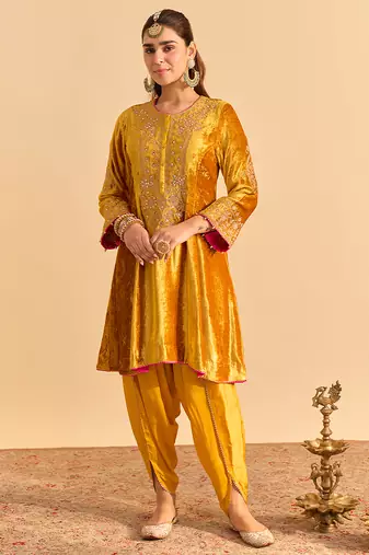 Yellow embroidered velvet kurta set with dupatta
