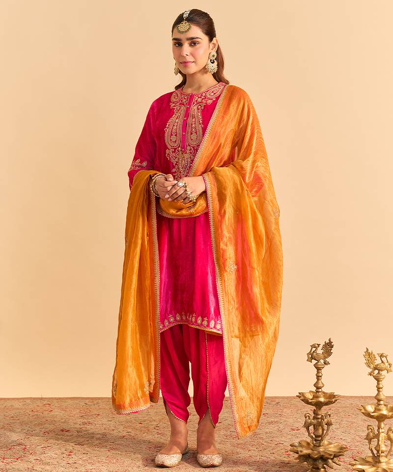 Pink embroidered velvet kurta set with dupatta