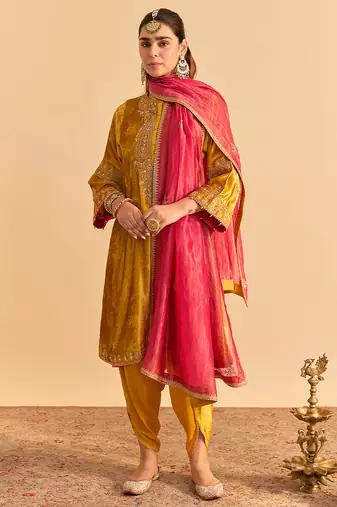 Yellow embroidered velvet kurta set