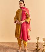 Yellow embroidered velvet kurta set