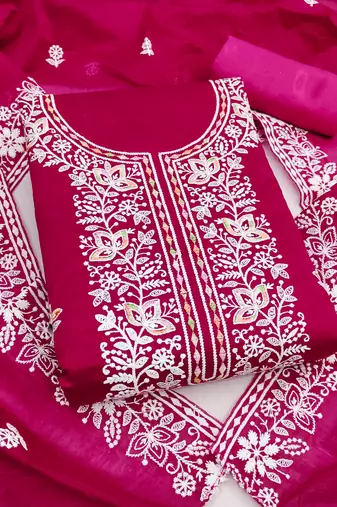  pink embroidery chanderi cotton dress material 