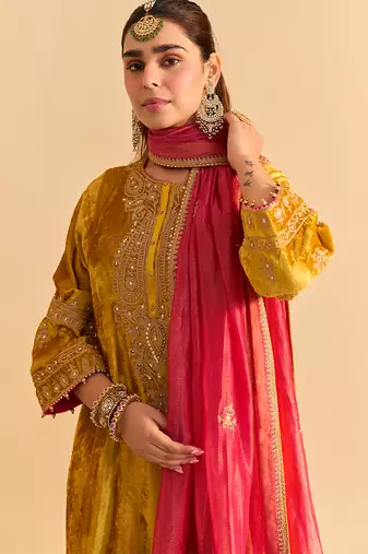 Yellow embroidered velvet kurta set