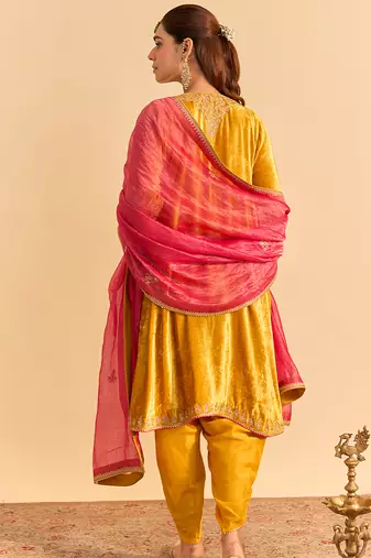 Yellow embroidered velvet kurta set