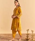 Yellow embroidered velvet kurta set with dupatta