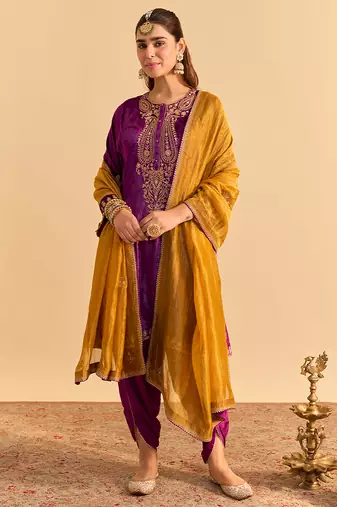 Purple embroidered velvet kurta set with dupatta