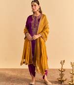 Purple embroidered velvet kurta set with dupatta