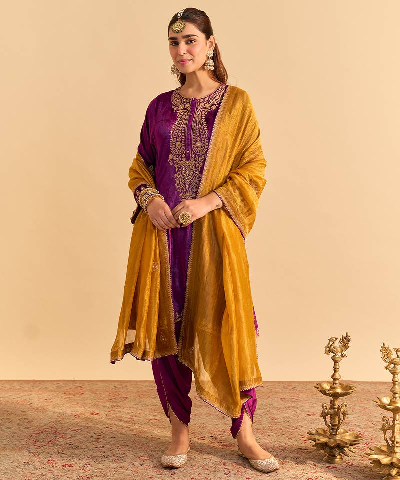 Purple embroidered velvet kurta set with dupatta