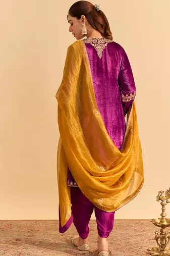 Purple embroidered velvet kurta set with dupatta