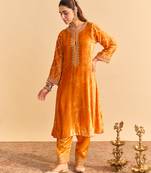 Orange embroidered velvet kurta set