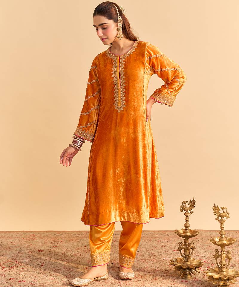 Orange embroidered velvet kurta set