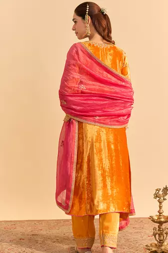 Orange embroidered velvet kurta set with dupatta