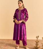 Purple embroidered velvet kurta set with dupatta