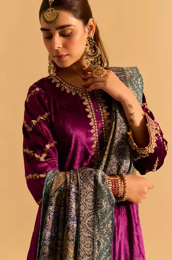 Purple embroidered velvet kurta set with dupatta