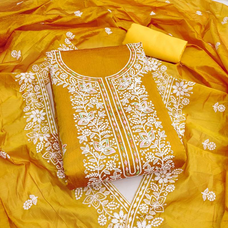  yellow embroidery chanderi cotton dress material 