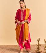 Pink embroidered velvet kurta set with dupatta