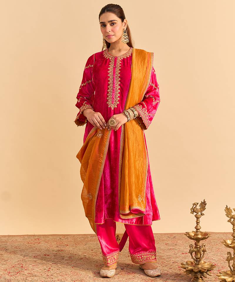 Pink embroidered velvet kurta set with dupatta