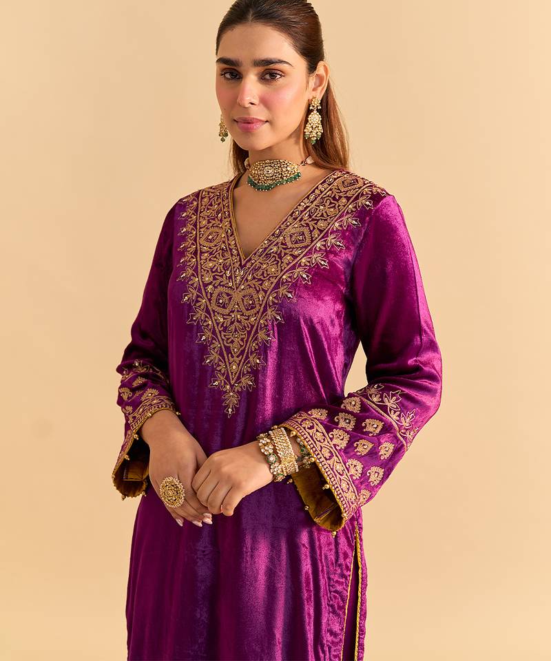 Purple embroidered velvet kurta set