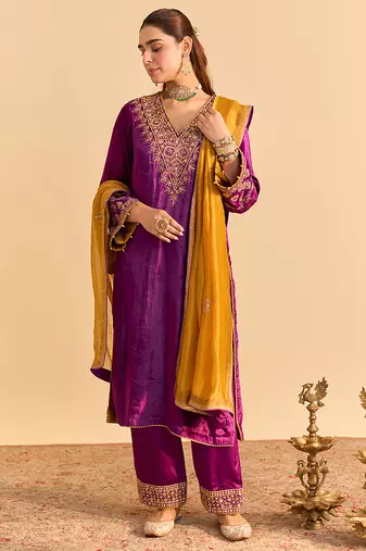 Purple embroidered velvet kurta set with dupatta