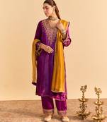 Purple embroidered velvet kurta set with dupatta