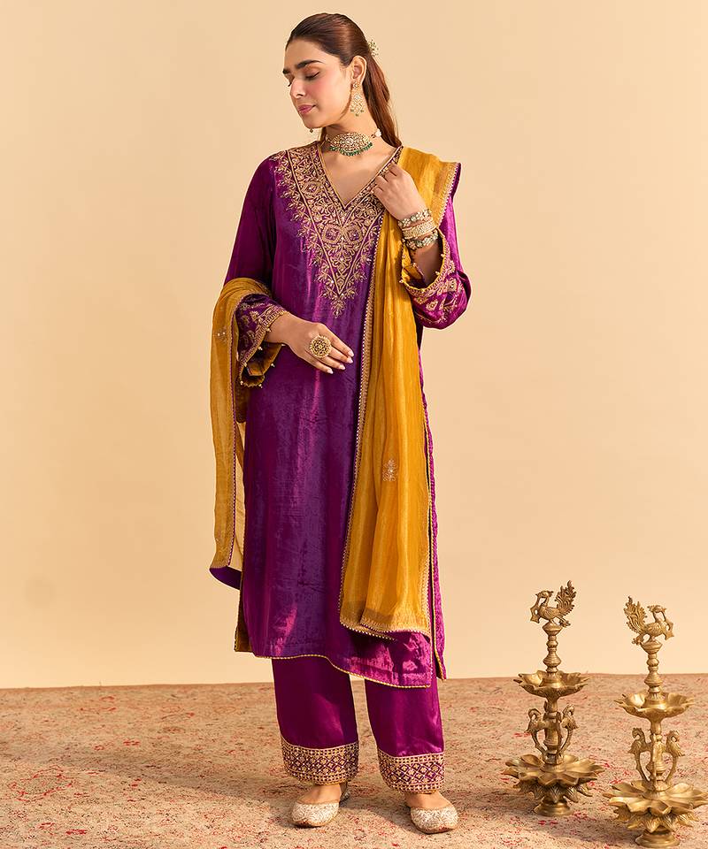 Purple embroidered velvet kurta set with dupatta