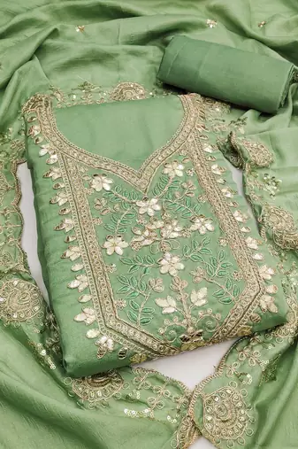  light green embroidery vichitra dress material 
