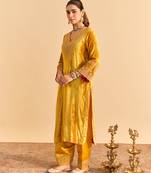 Yellow embroidered velvet kurta set