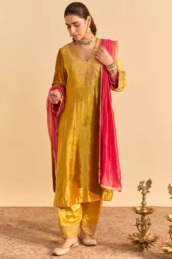 Yellow embroidered velvet kurta set with dupatta