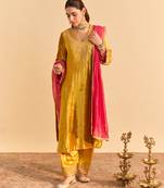 Yellow embroidered velvet kurta set with dupatta